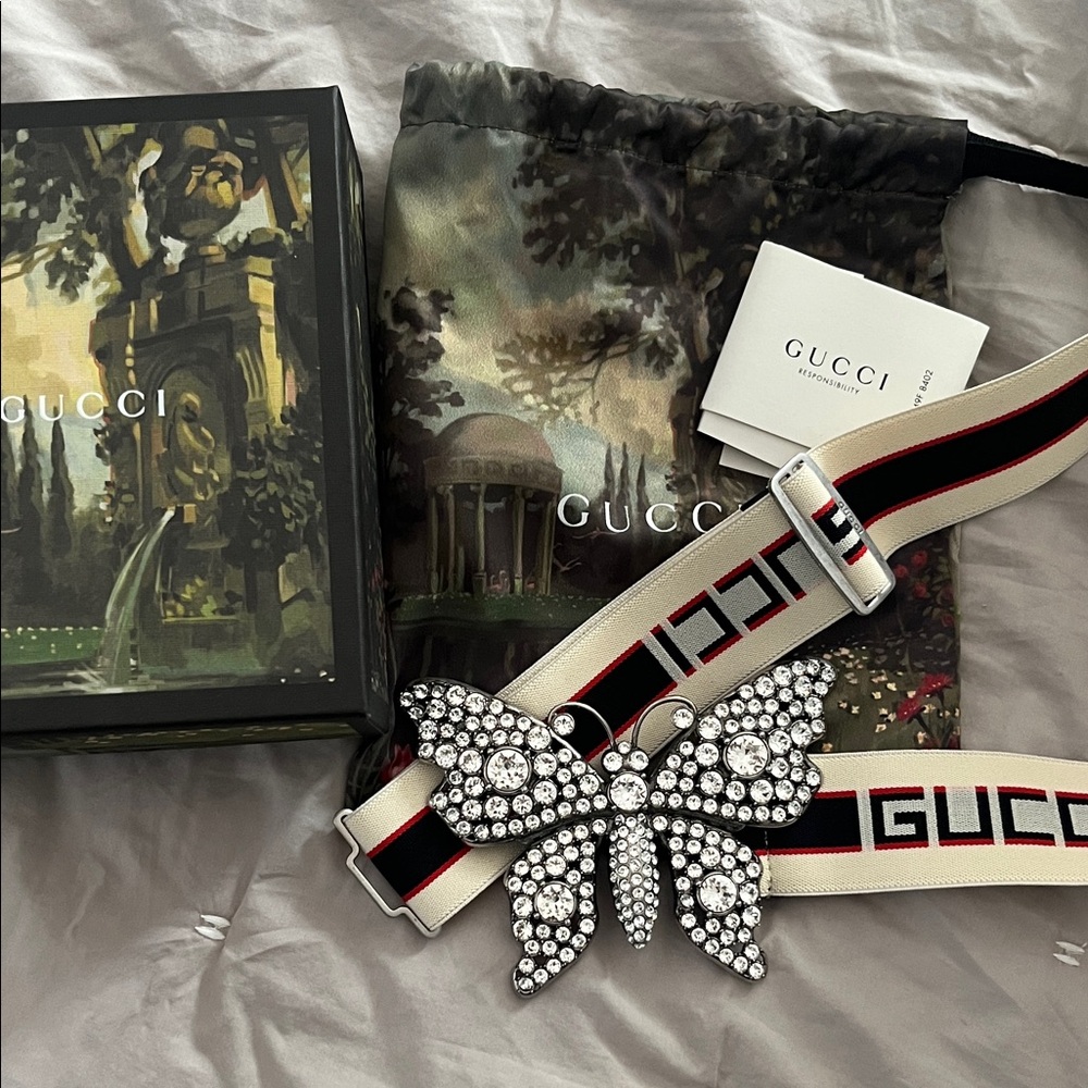 Gucci Black and White Belt with Crystal Butterfly